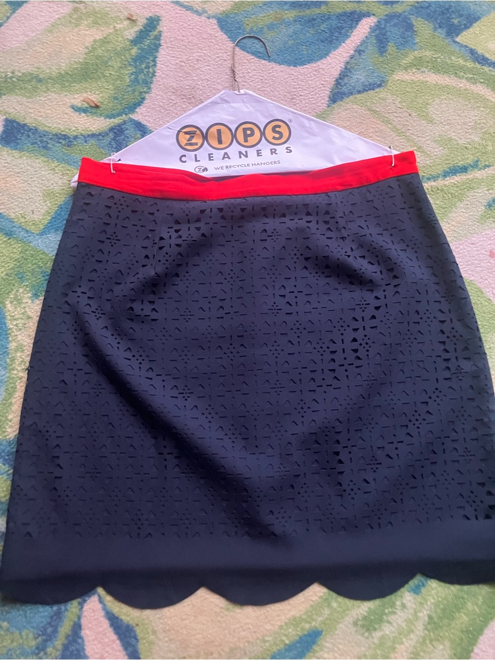 Pixley Navy Laser-Cut Pencil Skirt with Red Waistband
